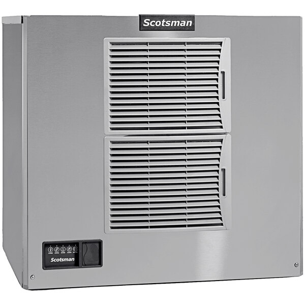 A grey rectangular Scotsman air cooled ice machine with vents.