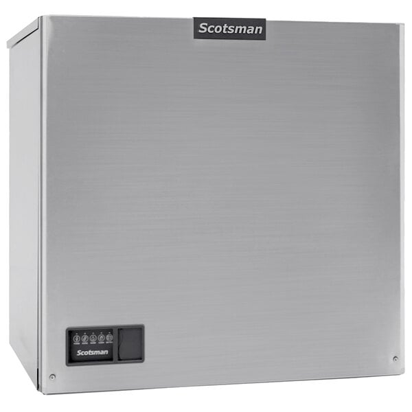 A Scotsman Prodigy Elite remote cooled ice machine with a black label and buttons.