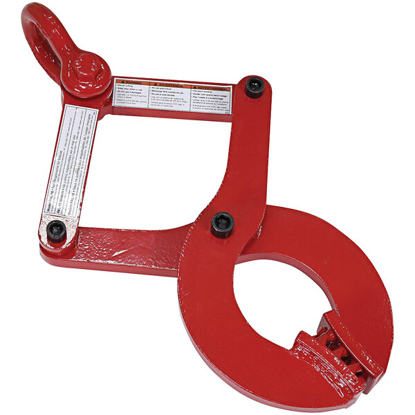 A red metal Vestil pallet puller with a handle and a hook.
