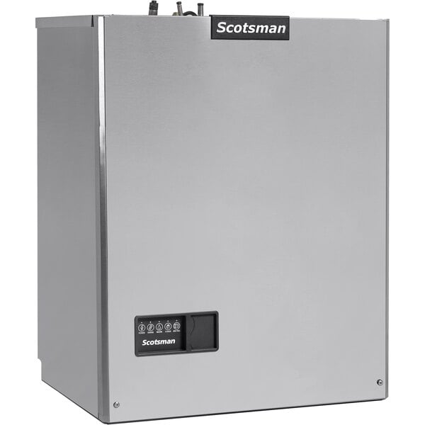 A silver rectangular Scotsman Prodigy Elite series ice machine with a black label.