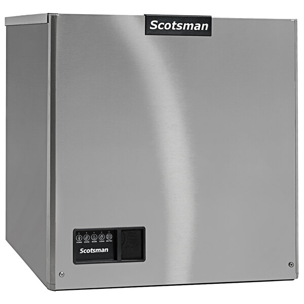 A silver rectangular Scotsman Prodigy Elite water cooled ice machine with buttons.
