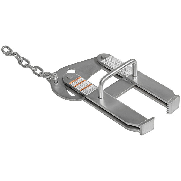 A Vestil steel pallet puller with a chain and a metal cam action jaw.