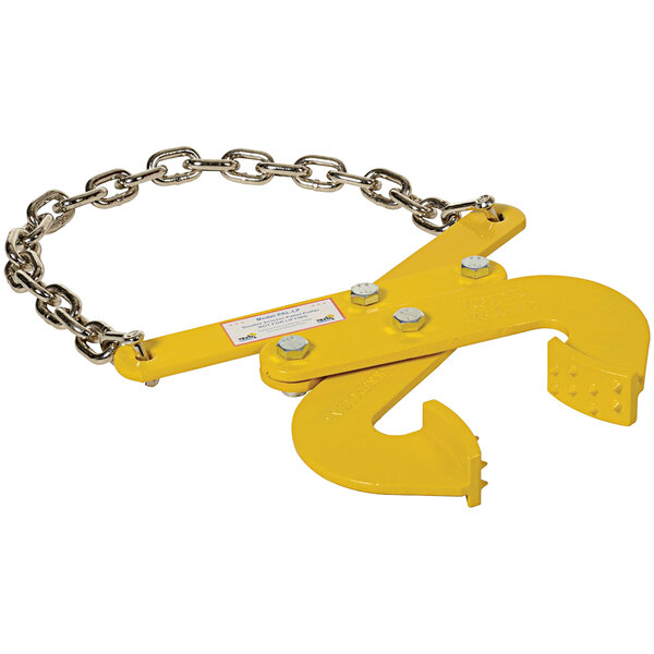 A yellow Vestil pallet puller with a chain attached to it.