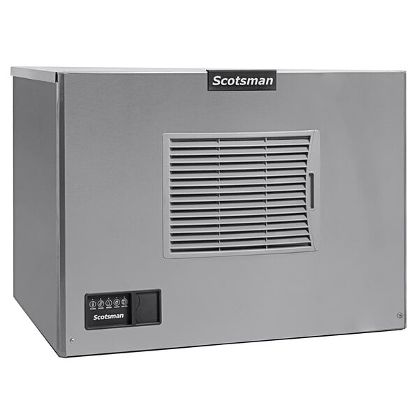 A grey rectangular Scotsman air cooled ice machine with a vent on the front.