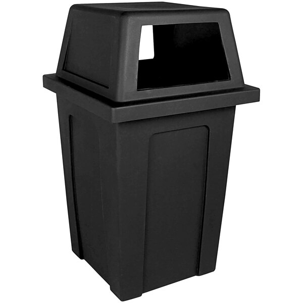 A black Busch Systems decorative trash can with a cut out top.