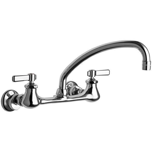 A chrome Chicago Faucets wall-mounted faucet with two L-type handles.