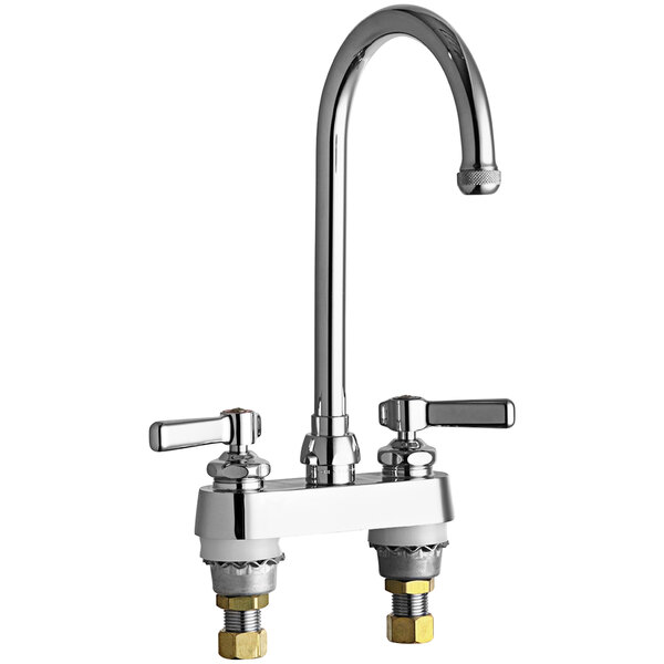 A Chicago Faucets deck-mounted faucet with two lever-style handles.