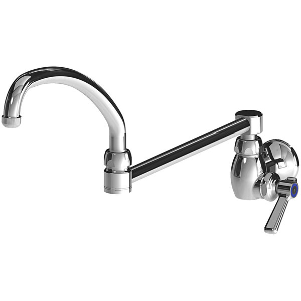 A Chicago Faucets chrome wall-mounted pot and kettle filler with a double-jointed swing spout and a handle.