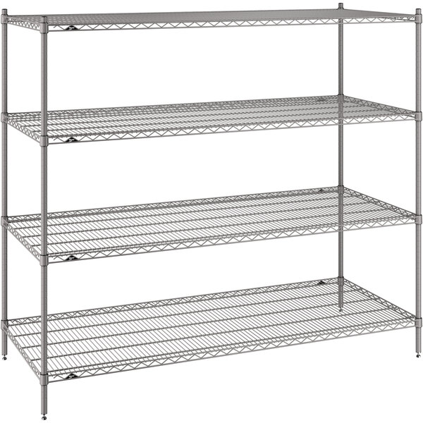 A gray Metro wire shelving unit with three shelves.