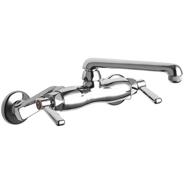 A Chicago Faucets chrome wall-mounted faucet with a handle and a 6" swing spout.