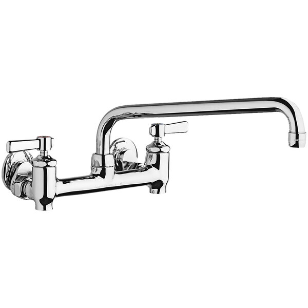 A Chicago Faucets wall-mounted faucet with 12" L-type swing spout and 2 lever handles.