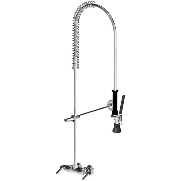 A Chicago Faucets chrome wall-mounted pre-rinse faucet with a spring hose.