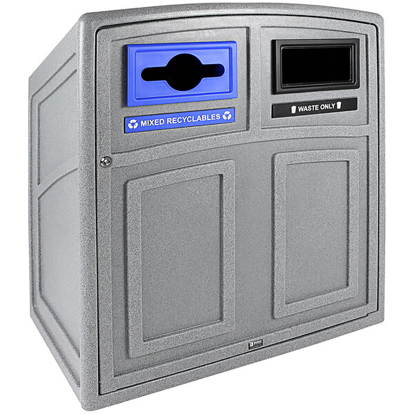 A Busch Systems Uptown grey rectangular trash can with two compartments.