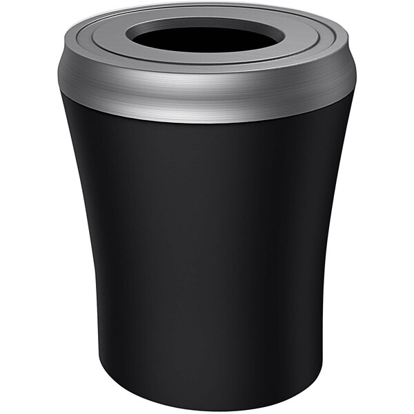 A black and silver Busch Systems decorative trash can.