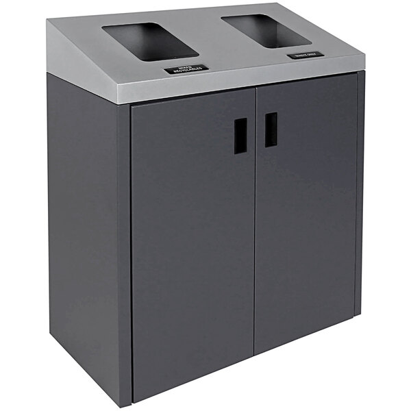 A grey rectangular Busch Systems Summit steel receptacle with two doors and two compartments.