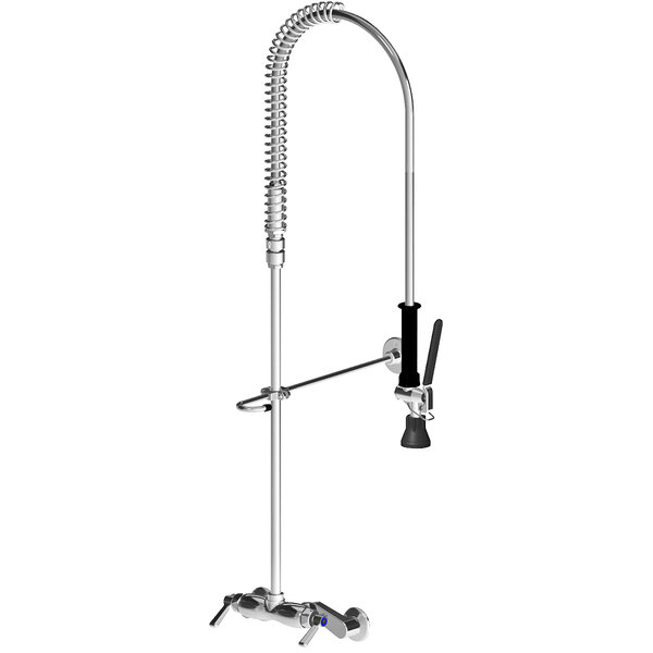A chrome Chicago Faucets wall-mounted pre-rinse faucet with a hose.
