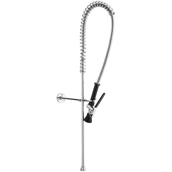 A Chicago Faucets chrome deck-mounted pre-rinse faucet with a hose and sprayer.