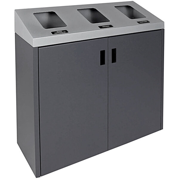 A gray rectangular Busch Systems Summit three stream receptacle with three compartments.