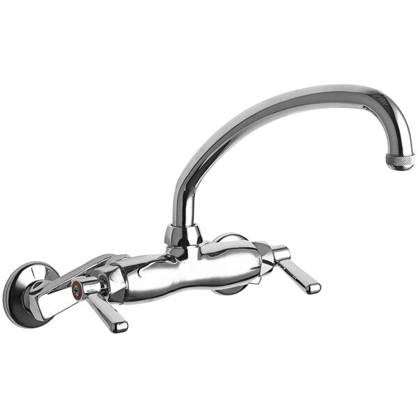 A chrome Chicago Faucets wall-mounted faucet with an L-type swing spout and a single handle.