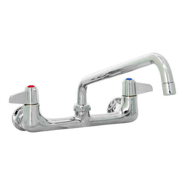 A chrome Equip by T&S wall mounted faucet with 8" swing spout and lever handles.