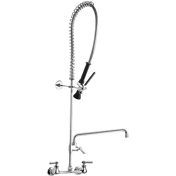 A Chicago Faucets chrome wall-mounted pre-rinse faucet with a hose and sprayer.