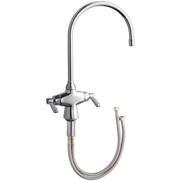 A silver Chicago Faucets deck-mounted faucet with a 8" rigid/swing gooseneck spout.