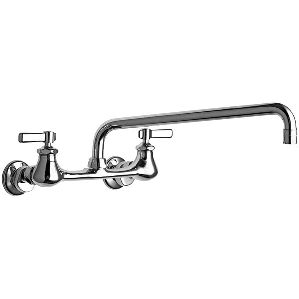 A chrome Chicago Faucets wall-mounted faucet with two handles.
