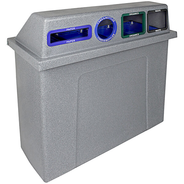 A grey Busch Systems Super Sorter rectangular recycle bin with blue and green labels.