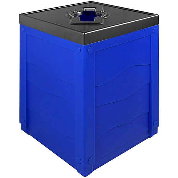 A blue Busch Systems square box with a black lid.