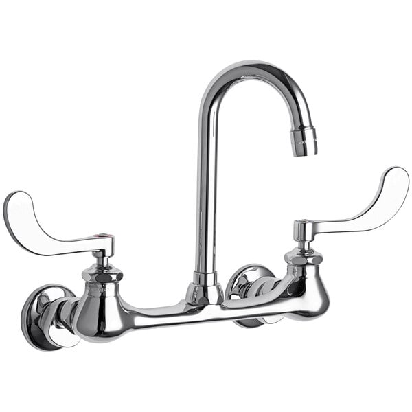 A Chicago Faucets chrome wall-mounted faucet with two handles and a gooseneck spout.