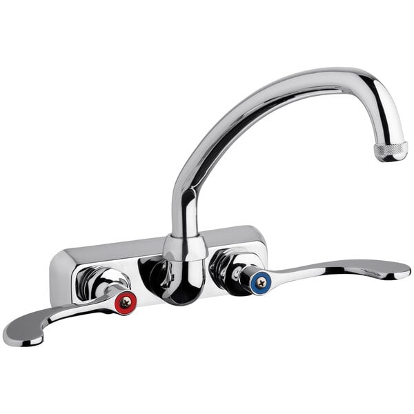 A Chicago Faucets chrome wall-mounted faucet with two L-type swing spouts and two handles.