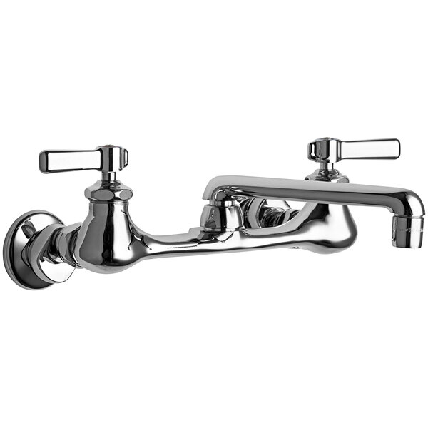 A chrome Chicago Faucets wall-mounted faucet with two handles and a 6" swing spout.