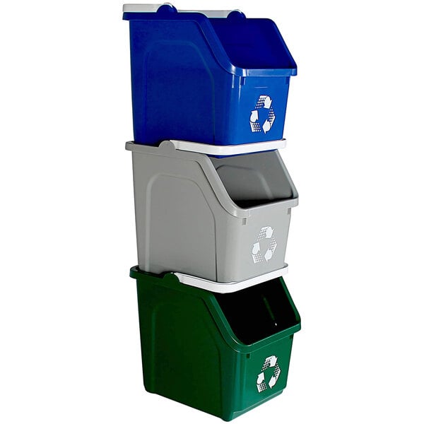 A stack of three Busch Systems HDPE recycle bins with a white recycle symbol on top.