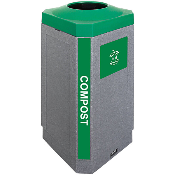 A grey Busch Systems decorative trash can with green accents and a green label reading "compost"