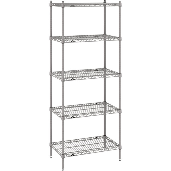 A Metro Super Erecta gray wire shelving unit with four shelves.