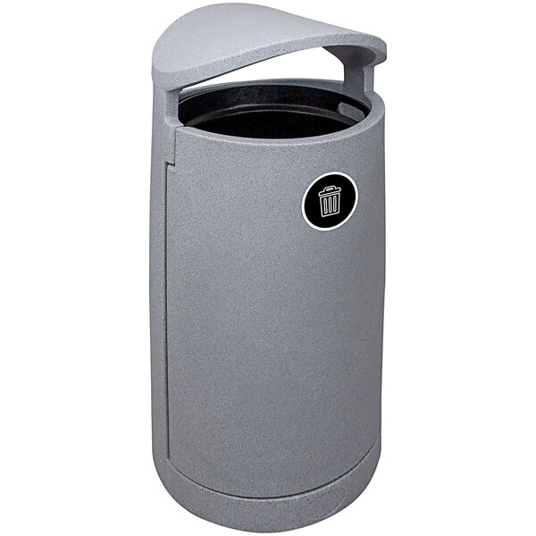 A grey rectangular Busch Systems Euro waste receptacle with a round lid.