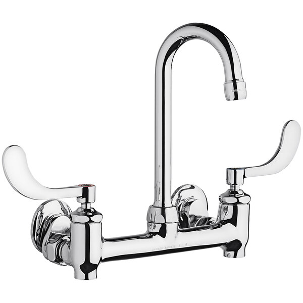 A silver Chicago Faucets wall-mounted faucet with wristblade handles and a gooseneck spout.