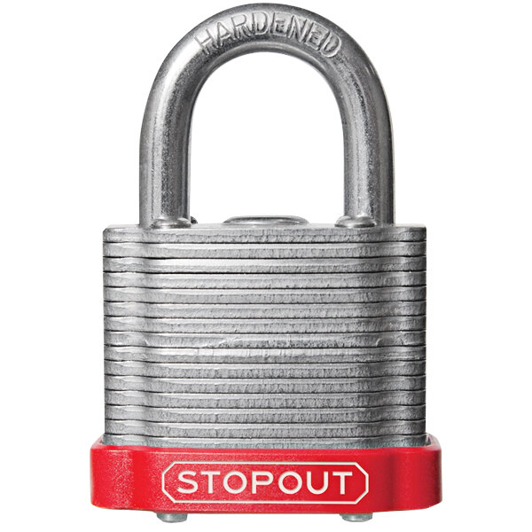 A red Accuform padlock with the word "STOPOUT" on it.