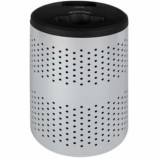 A grey and black cylindrical Busch Systems Portland steel receptacle with holes in it.