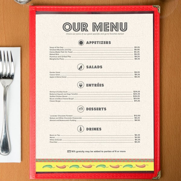 An 8 1/2" x 11" menu with a Southwest Mariachi design on it.