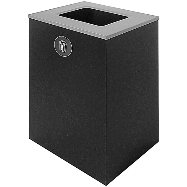 A black rectangular Busch Systems decorative waste receptacle with a square silver lid.