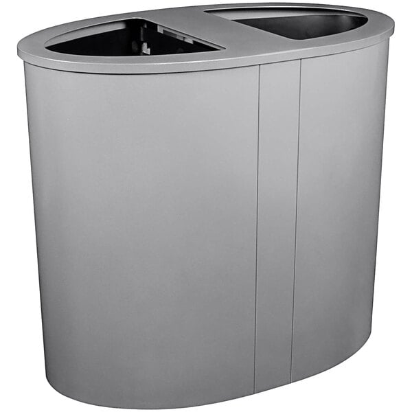 A gray rectangular Busch Systems Pacific powder-coated steel waste receptacle with two compartments.