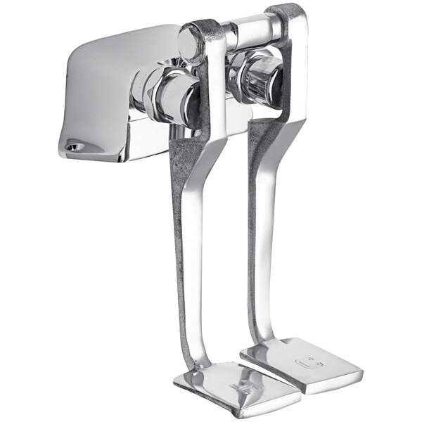 A silver metal Chicago Faucets foot-operated remote valve with long pedals.
