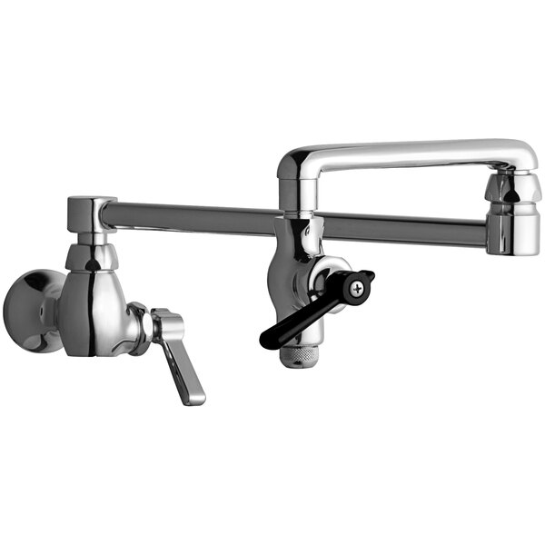 A Chicago Faucets chrome wall-mounted pot and kettle filler with a handle.