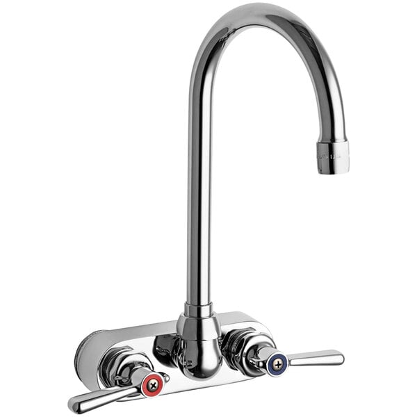 A silver Chicago Faucets wall-mounted faucet with two handles and a gooseneck spout.
