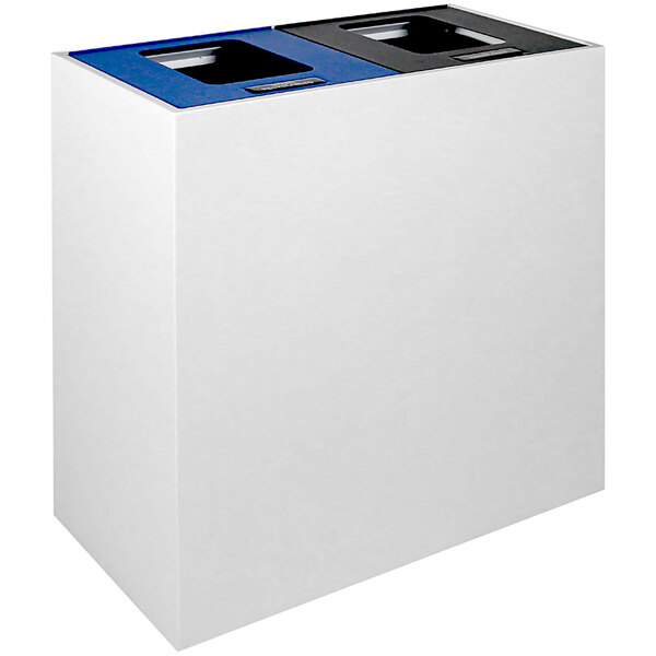 A white rectangular Busch Systems steel receptacle with two blue compartments.