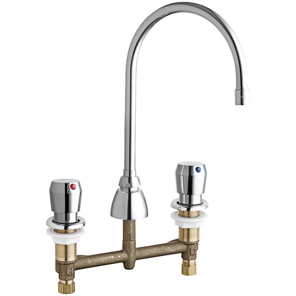 A Chicago Faucets deck-mounted metering faucet with two levers.