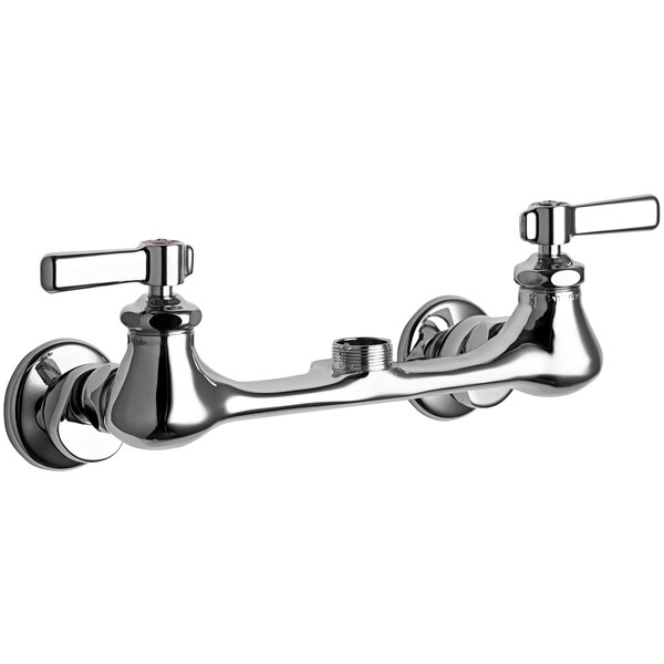 A chrome Chicago Faucets wall-mounted spoutless faucet base with adjustable centers.