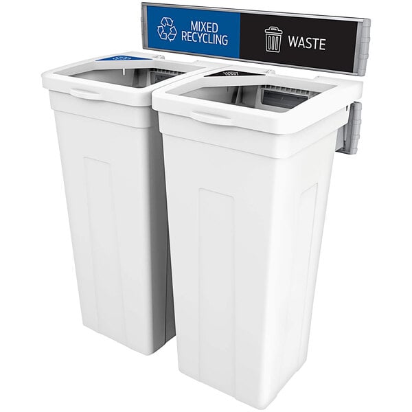 Two white Busch Systems Rise decorative trash cans with a blue sign.