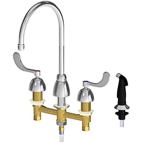 A Chicago Faucets deck-mounted faucet with 8" centers, two handles, and a side spray hose.